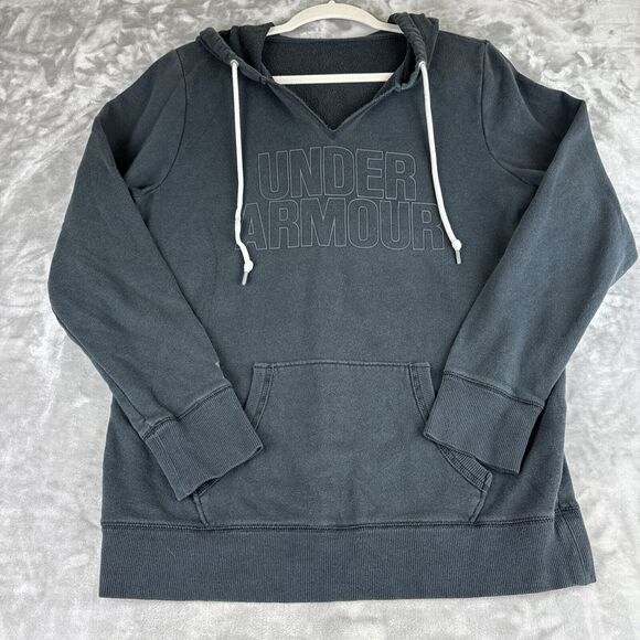 Under Armour Spellout Pullover Hoodie Womens M Black V Neck Pocket Casual (0787) - Picture 1 of 9